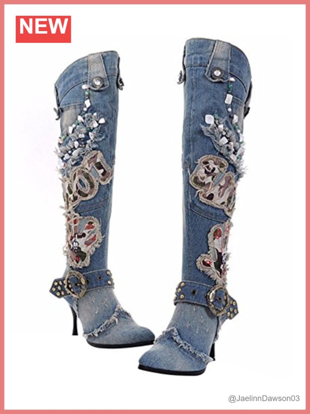 Punk Denim Knee High Stiletto Heel Pointed Toe Boots